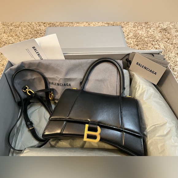 Balenciaga bag, small black and gold hourglass top handle cross body bag - Picture 2 of 9